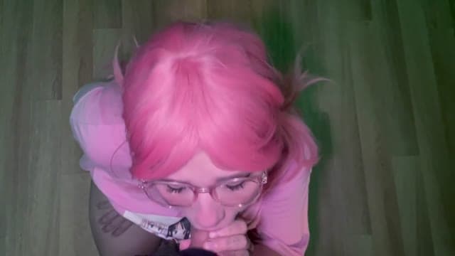 Glasses and Pink Hair: High-Angle Blowjob Session